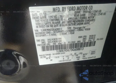 2013 Lincoln Mks z USA, uszkodzony, nr VIN 1LNHL9DK7DG608813